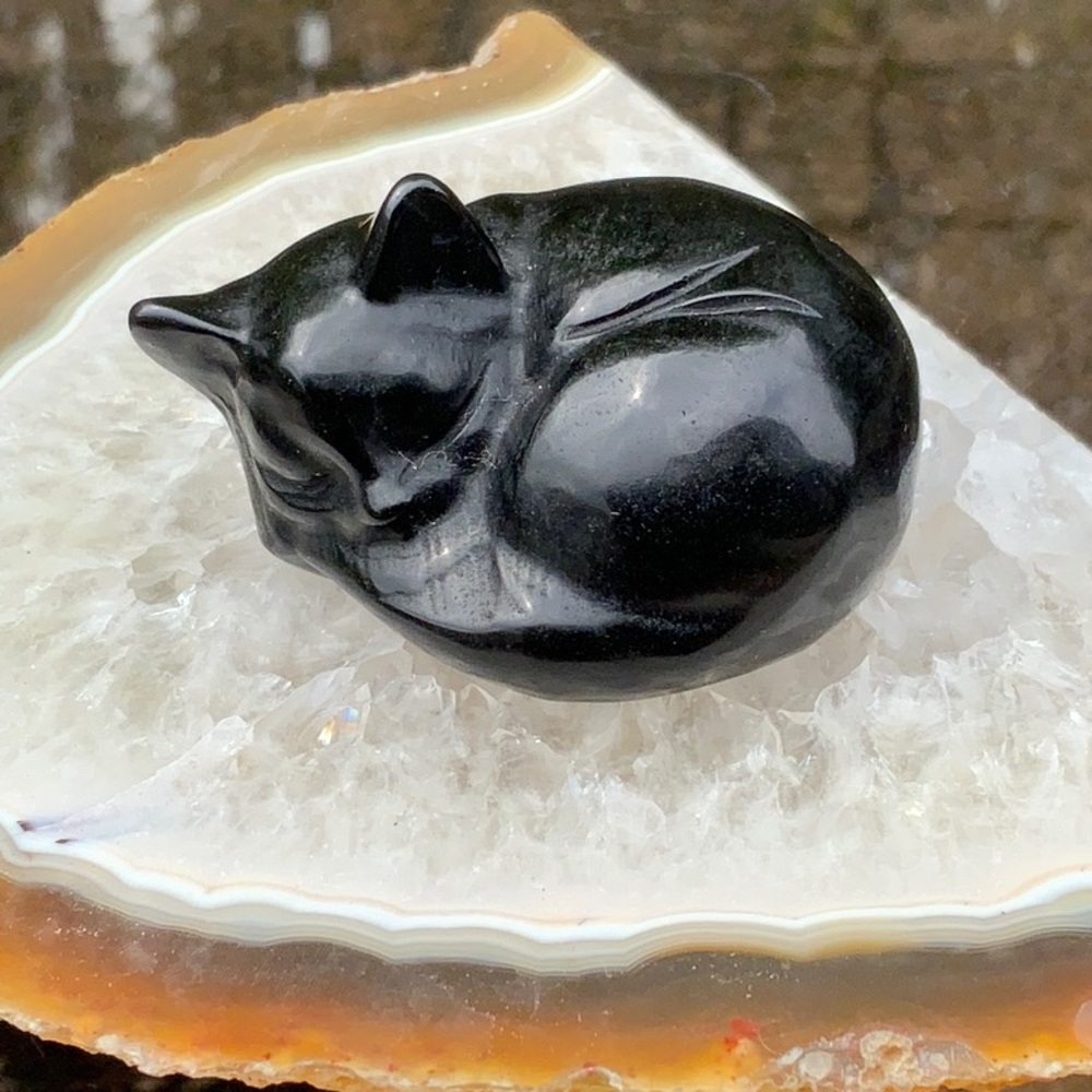 Obsidian Hand Carved Sleeping Cat